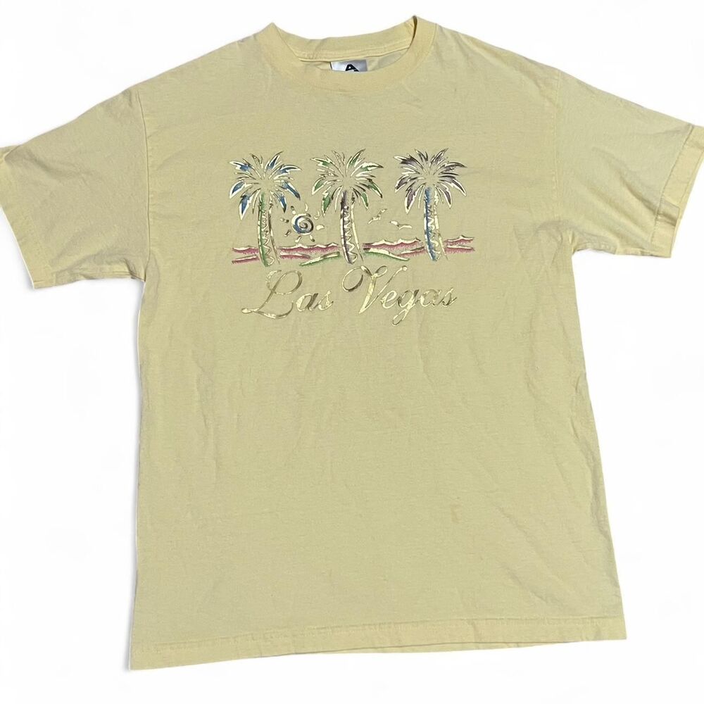 Butter yellow, 100% cotton vintage 90s Las Vegas palm tree graphic tee. M. - Picture 2 of 4